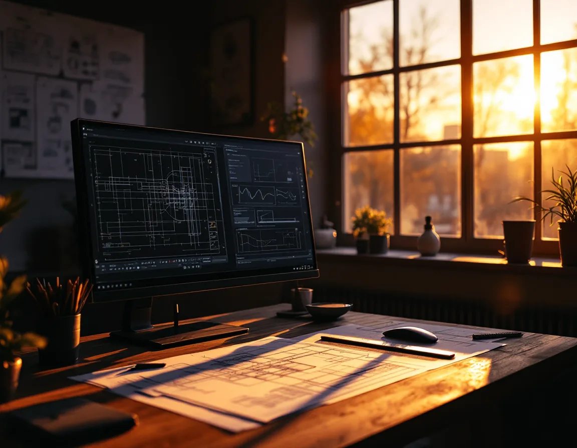 A drafting studio desk at golden hour