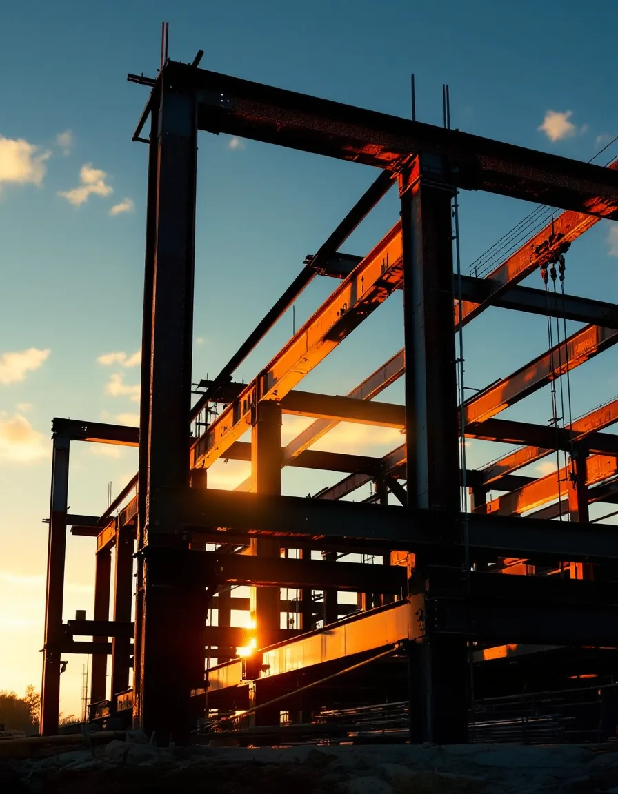 Steel frame construction at golden hour